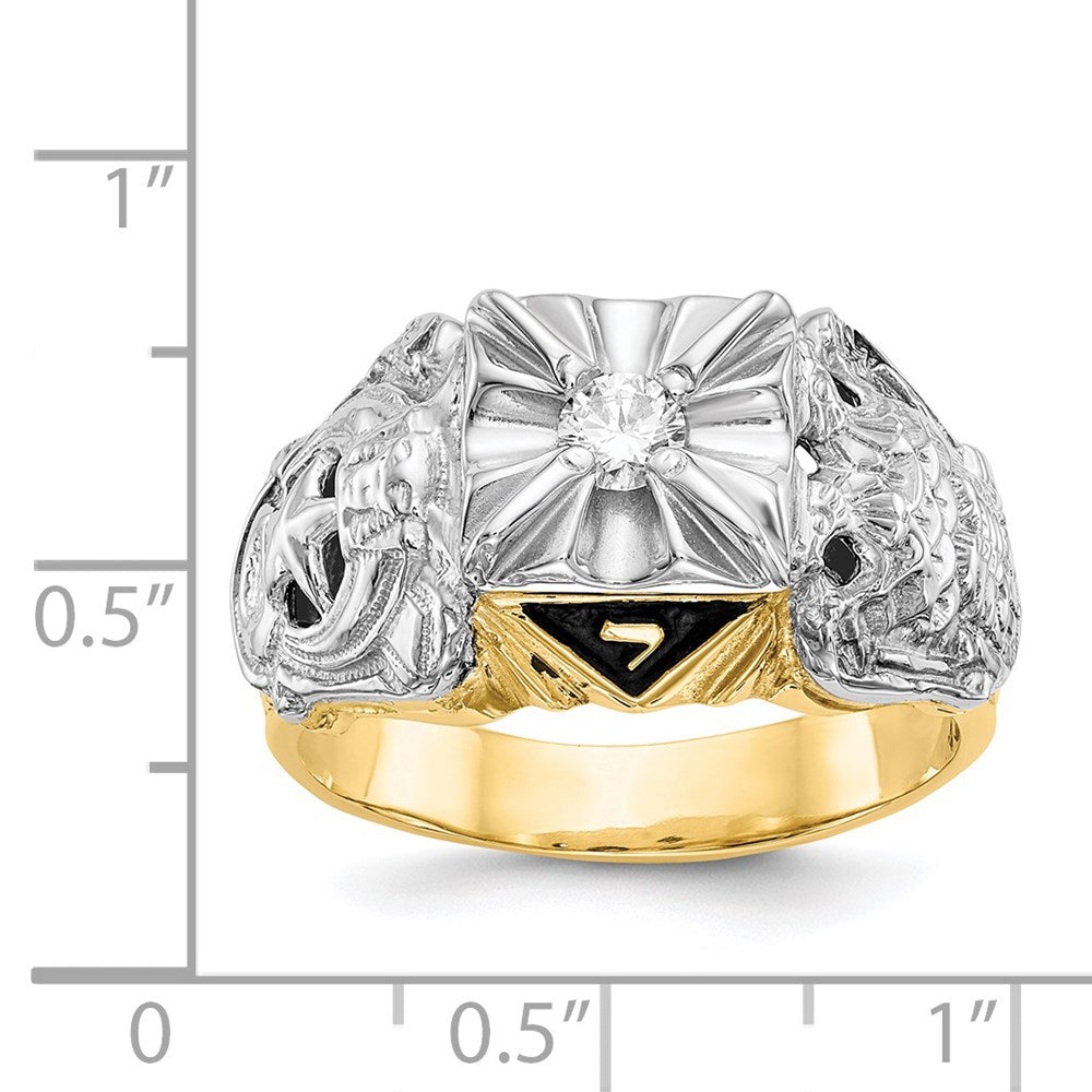 14k Two-tone Men's Polished and Textured with Black Enamel and AAA Quality Diamond Masonic Ring