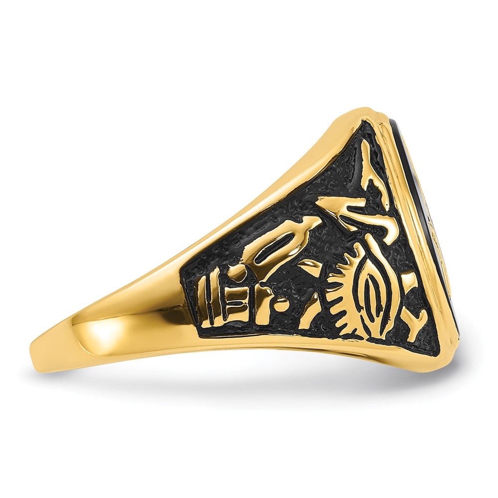 14k Men's Polished and Textured with Black Enamel and Oval Onyx Masonic Ring