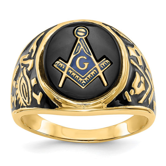 14k Men's Polished and Textured with Black Enamel and Oval Onyx Masonic Ring