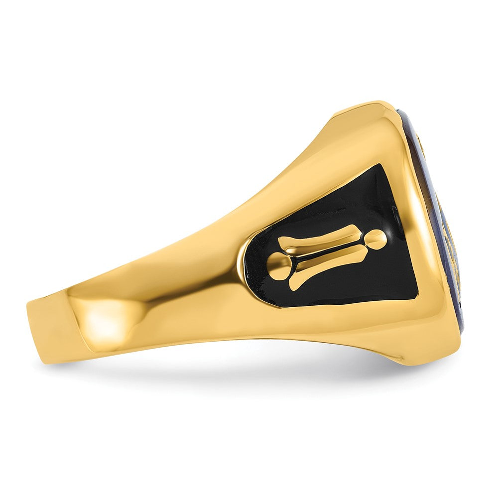14k Men's Polished and Textured with Black Enamel and Imitation Blue Spinel Masonic Ring