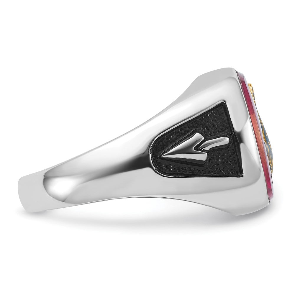14k White Gold Men's Polished and Textured with Black Enamel and Lab Created Ruby Masonic Ring