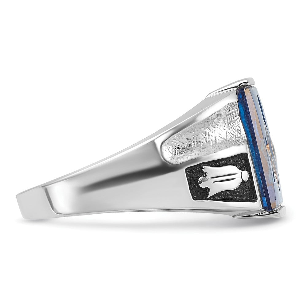 14k White Gold Men's Polished and Textured with Black Enamel and Imitation Blue Spinel Masonic Ring