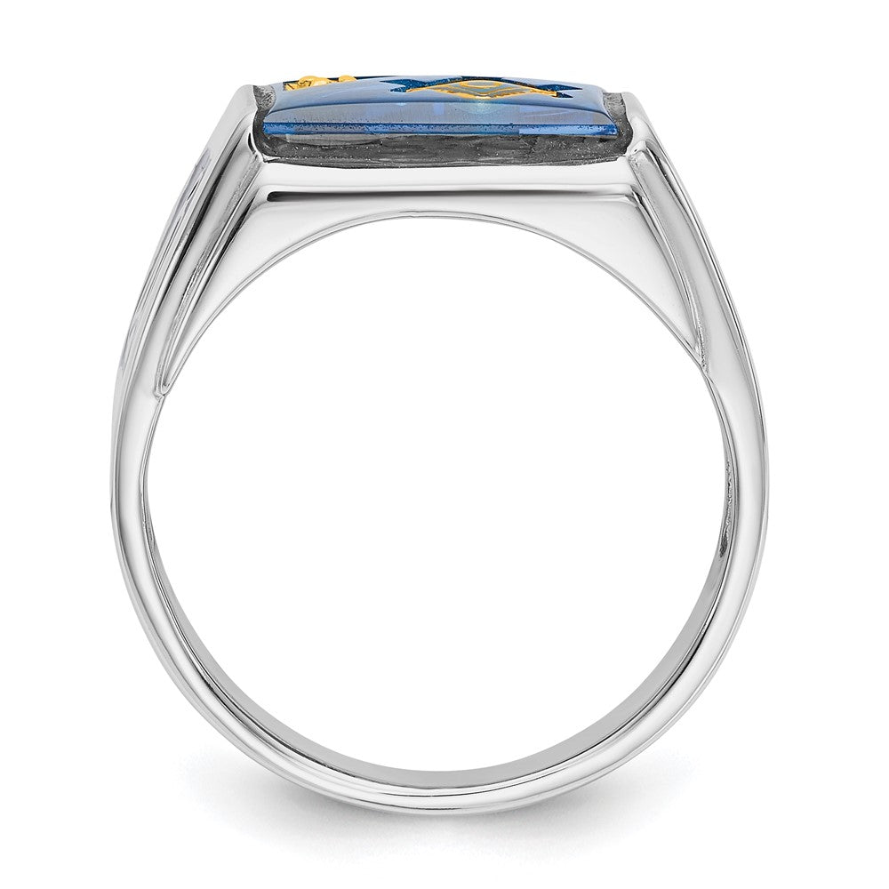 14k White Gold Men's Polished and Textured with Black Enamel, Diamond and Imitation Blue Spinel Masonic Ring