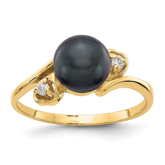 14k Gold 7mm Black FW Cultured Pearl AAA Diamond ring