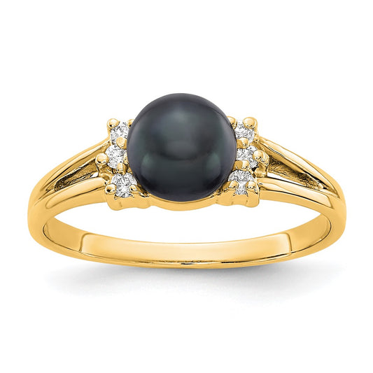 14k Gold 6mm Black FW Cultured Pearl AA Diamond ring