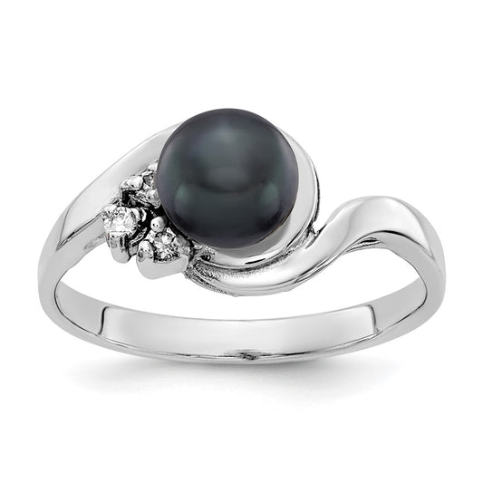 14k White Gold 6mm Black FW Cultured Pearl AA Diamond Ring