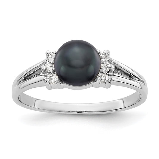 14k White Gold 6mm Black FW Cultured Pearl AAA Diamond ring