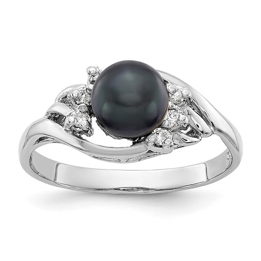 14k White Gold 6mm Black FW Cultured Pearl AA Diamond ring