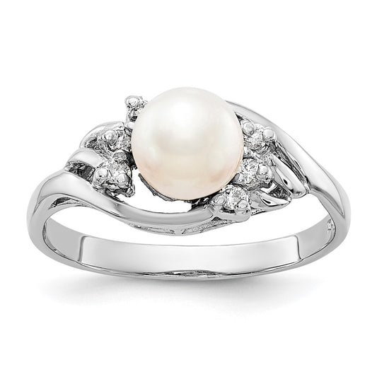 14k White Gold 6mm FW Cultured Pearl AA Diamond ring