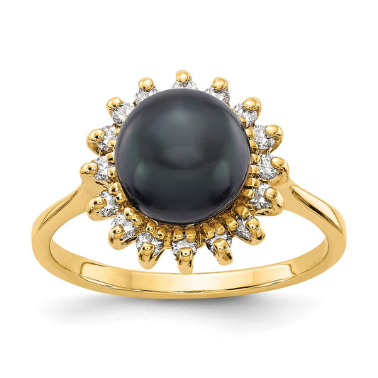 14k 7.5mm Black FW Cultured Pearl AA Diamond ring