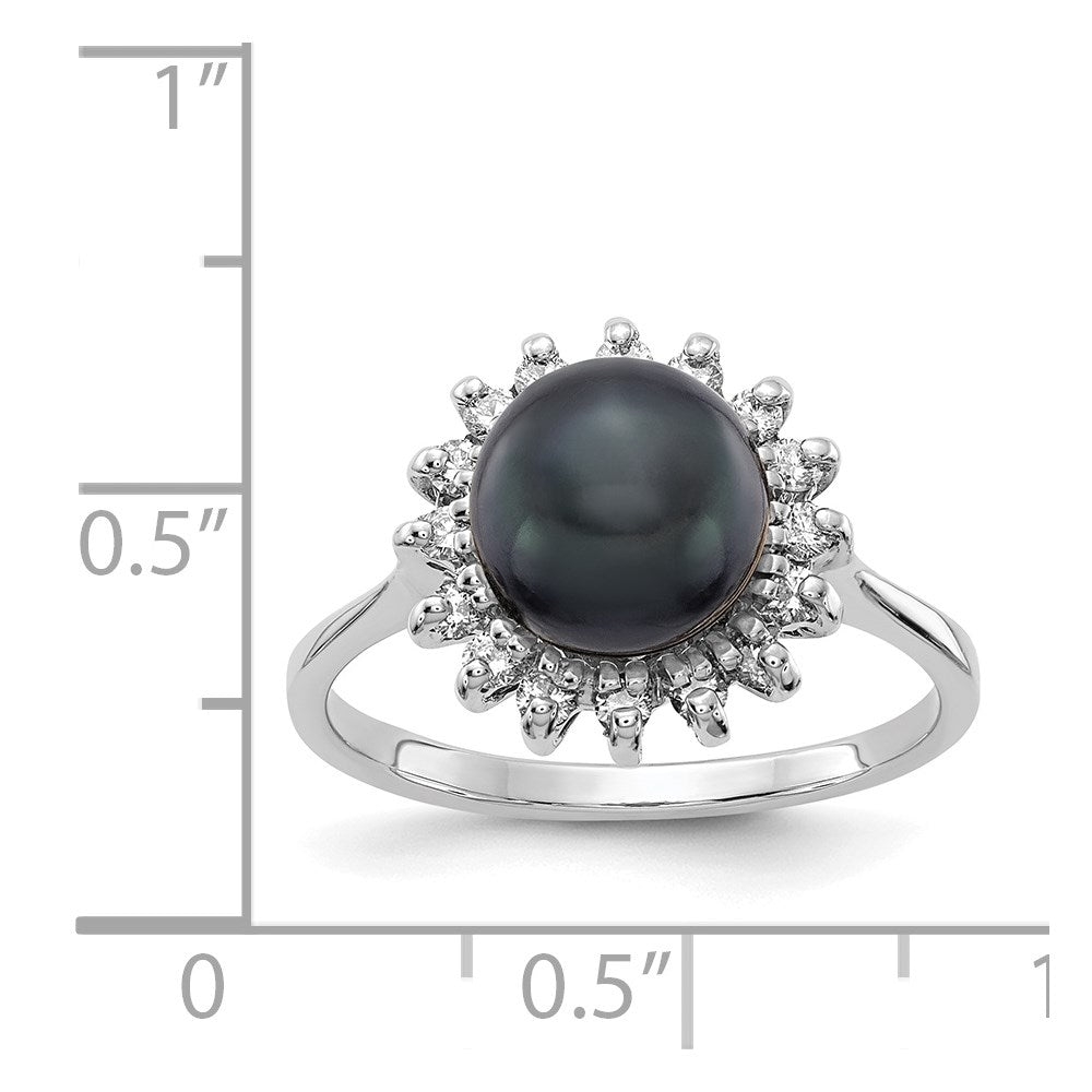 14k White Gold 7.5mm Black FW Cultured Pearl AA Diamond ring