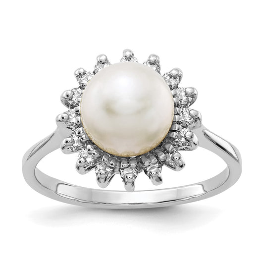 14k White Gold 7.5mm FW Cultured Pearl AAA Diamond ring