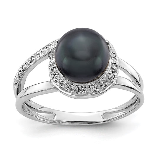 14k White Gold 7.5mm Black FW Cultured Pearl VS Diamond ring