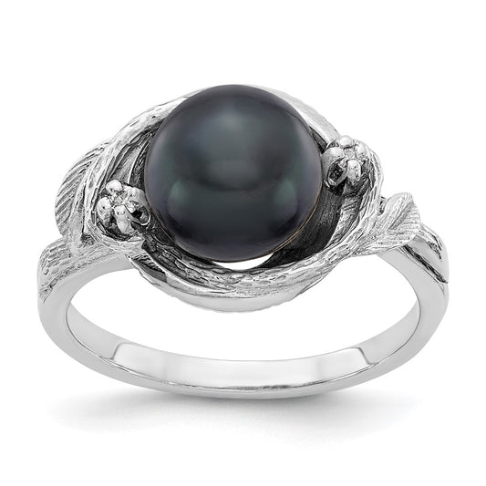 14k White Gold 7.5mm Black FW Cultured Pearl AAA Diamond ring