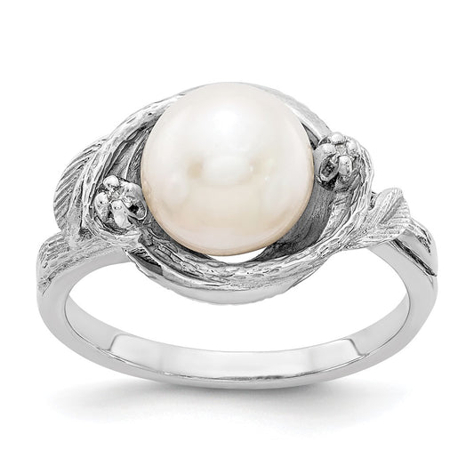 14k White Gold 7.5mm FW Cultured Pearl AA Diamond ring