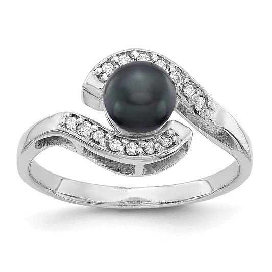 14k White Gold 5.5mm Black FW Cultured Pearl AAA Diamond ring