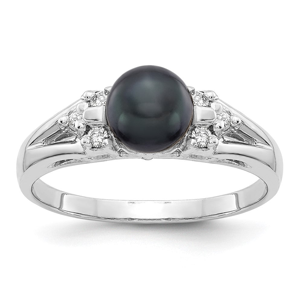 14k White Gold 6mm Black FW Cultured Pearl AAA Diamond ring