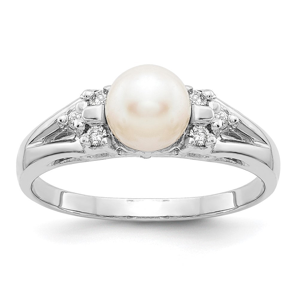14k White Gold 6mm FW Cultured Pearl AA Diamond ring