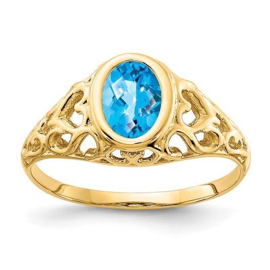14k 7x5mm Oval Blue Topaz Checker ring