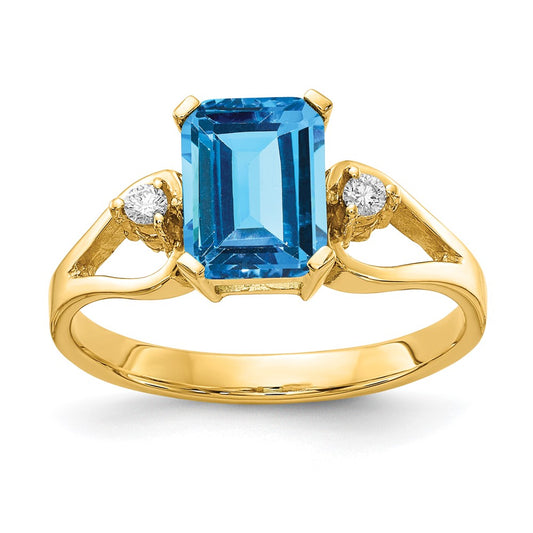 14k 8x6mm Emerald Cut Blue Topaz AA Diamond ring