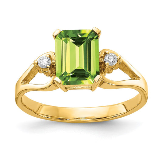 14k 8x6mm Emerald Cut Peridot A Diamond ring