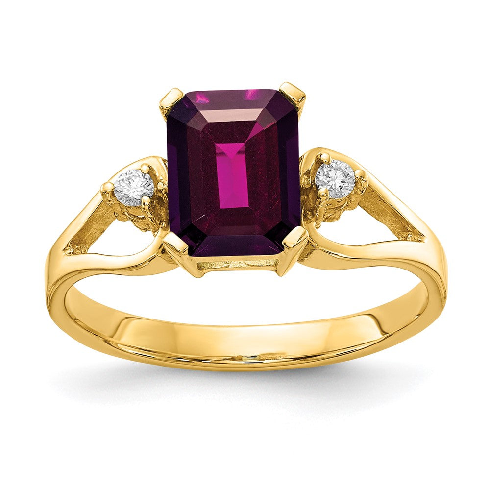 14k 8x6mm Emerald Cut Rhodolite Garnet AA Diamond ring