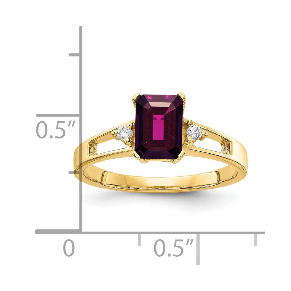 14k 7x5mm Emerald Cut Rhodolite Garnet AA Diamond ring