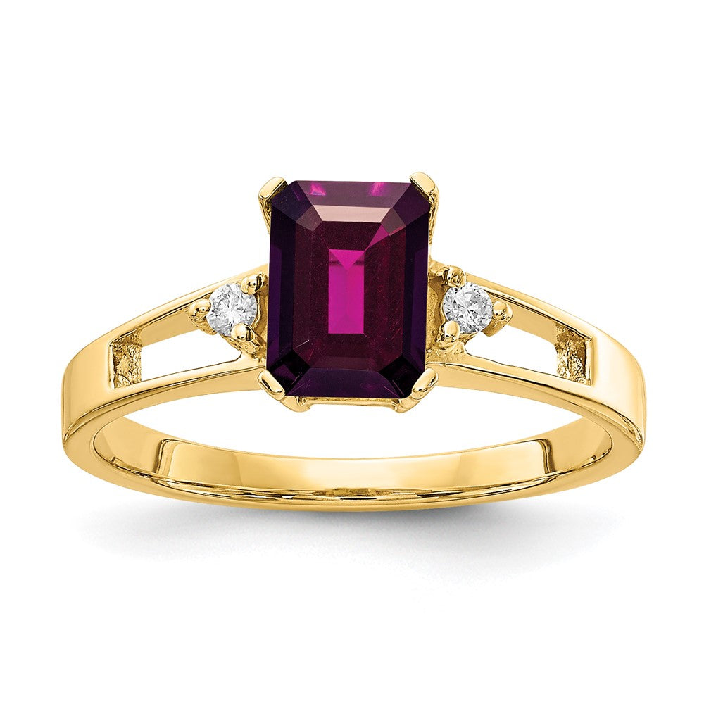 14k 7x5mm Emerald Cut Rhodolite Garnet AA Diamond ring