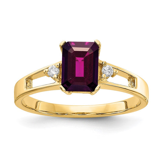 14k 7x5mm Emerald Cut Rhodolite Garnet AA Diamond ring
