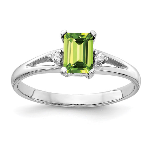 14k White Gold 6x4mm Emerald Cut Peridot A Diamond ring