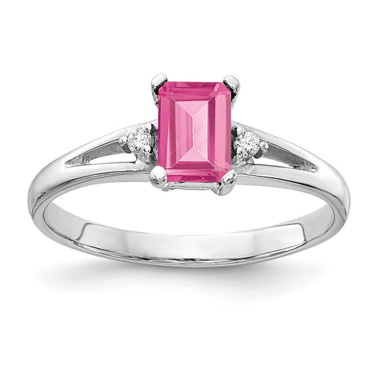 14k White Gold 6x4mm Emerald Cut Pink Tourmaline A Diamond ring