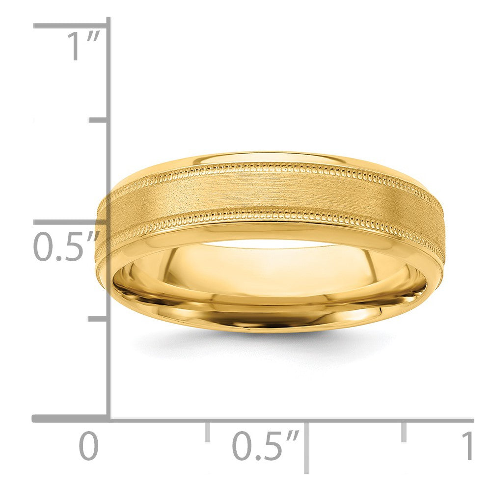 14k Yellow Gold 6mm Standard Weight Comfort Fit Brushed Satin/Polished Milgrain Grooved Edge Wedding Band Size 11