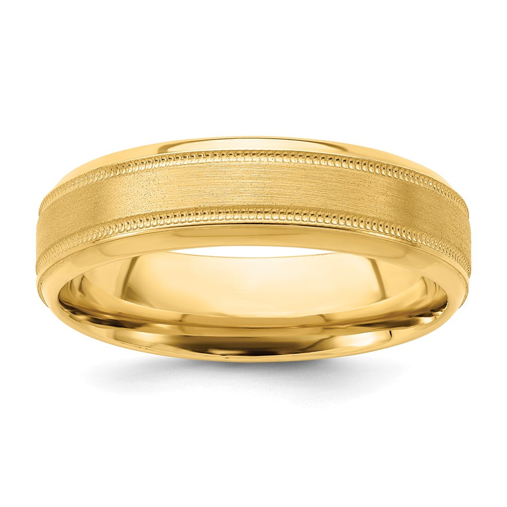 14k Yellow Gold 6mm Heavyweight Comfort Fit Brushed Satin/Polished Milgrain Grooved Edge Wedding Band Size 11