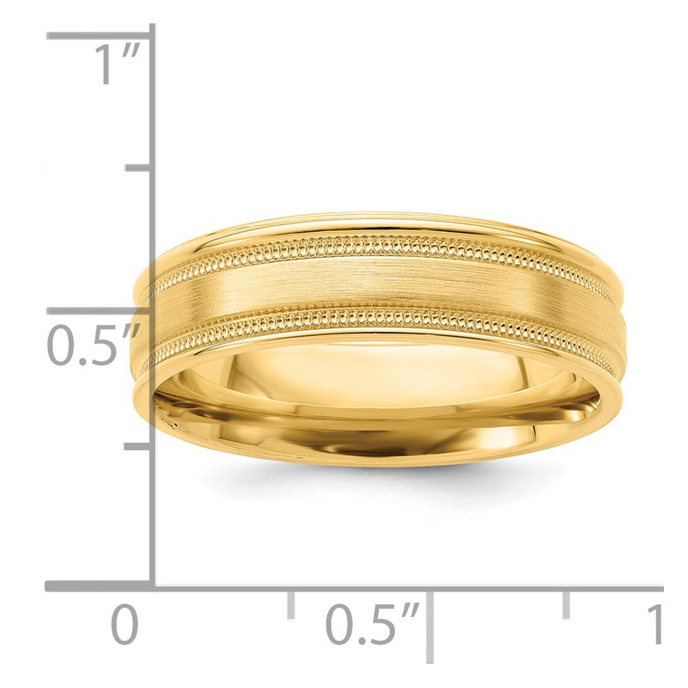 14k Yellow Gold 6mm Lightweight Comfort Fit Brushed Satin/Polished Milgrain Grooved Edge Wedding Band Size 10