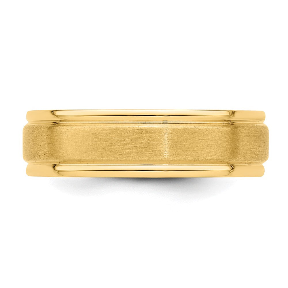 14k Yellow Gold 6mm Standard Weight Comfort Fit Brushed Satin/Polished Grooved Edge Wedding Band Size 10.5