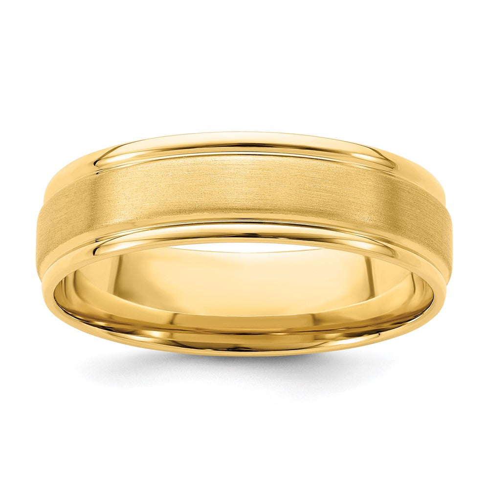 14k Yellow Gold 6mm Standard Weight Comfort Fit Brushed Satin/Polished Grooved Edge Wedding Band Size 13