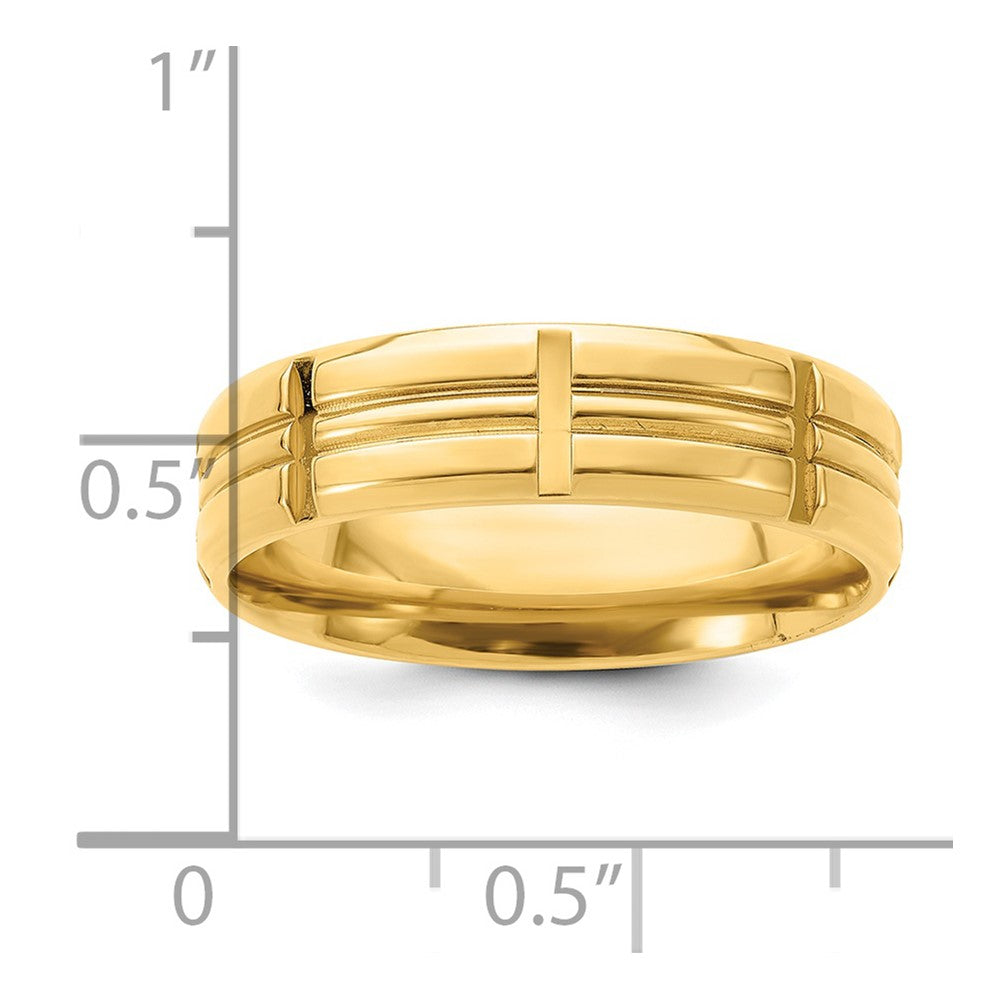 14k Yellow Gold 6mm Standard Weight Comfort Fit Brushed Satin Grooved with Vertical Lines Wedding Band Size 10