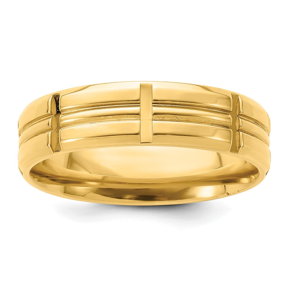 14k Yellow Gold 6mm Standard Weight Comfort Fit Brushed Satin Grooved with Vertical Lines Wedding Band Size 10