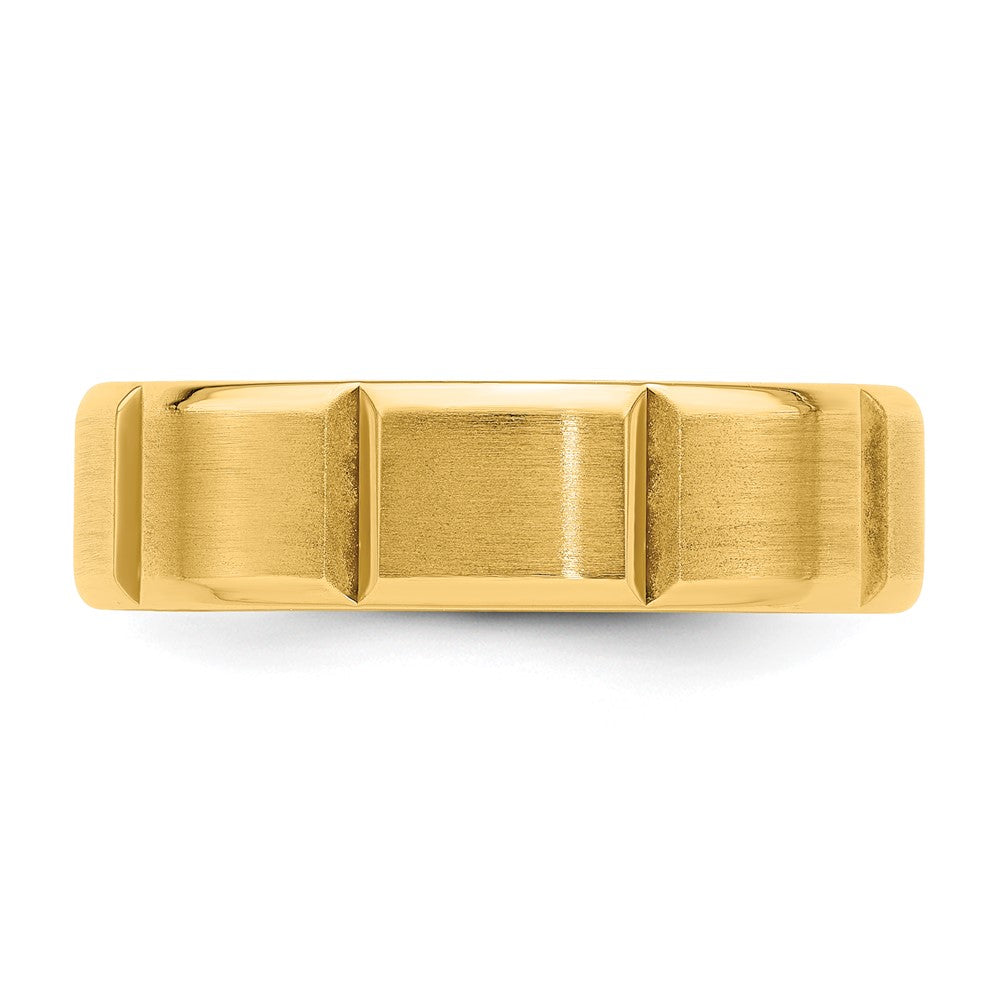 14k Yellow Gold 6mm Standard Weight Comfort Fit Brushed/Polished Beveled Edge with Vertical Lines Wedding Band Size 13