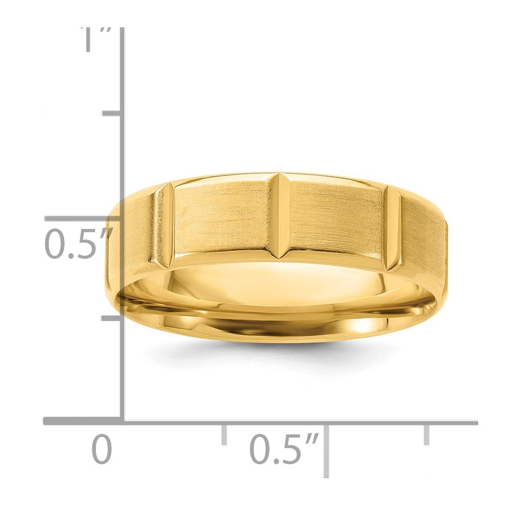 14k Yellow Gold 6mm Standard Weight Comfort Fit Brushed/Polished Beveled Edge with Vertical Lines Wedding Band Size 13