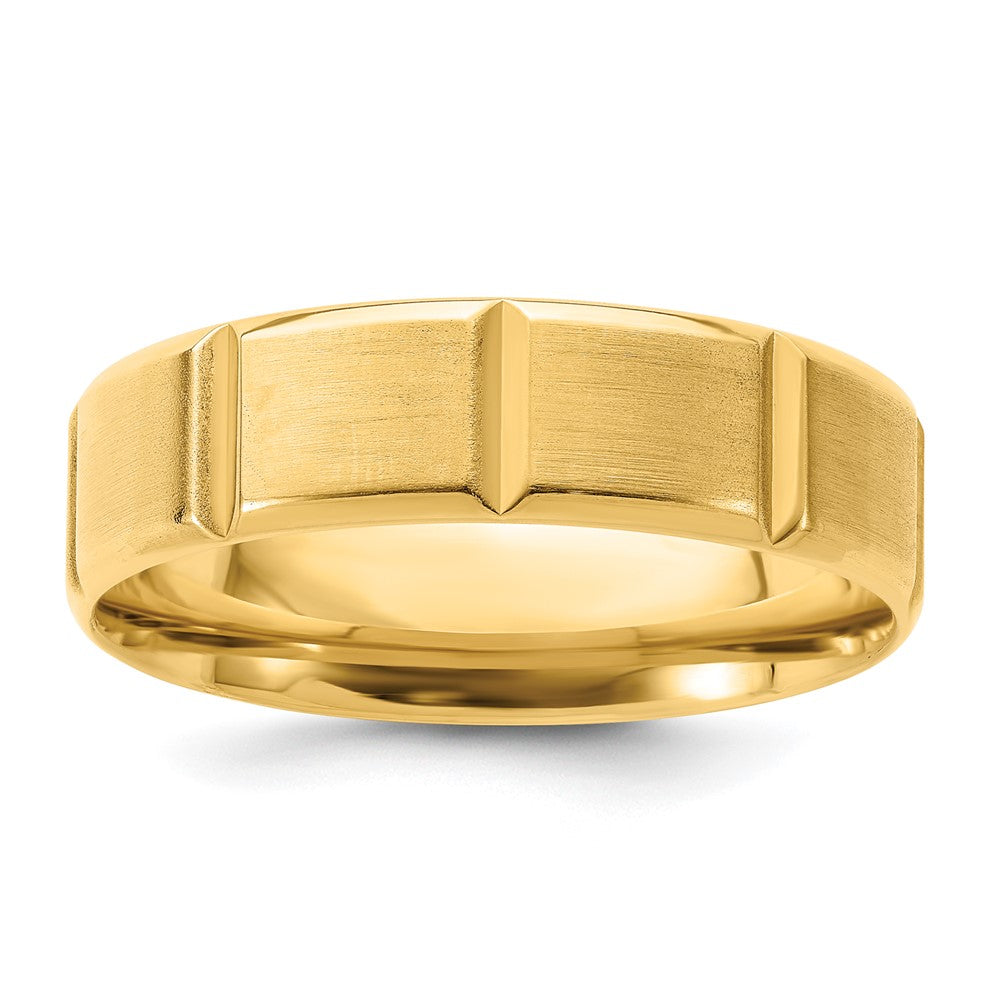 14k Yellow Gold 6mm Standard Weight Comfort Fit Brushed/Polished Beveled Edge with Vertical Lines Wedding Band Size 11