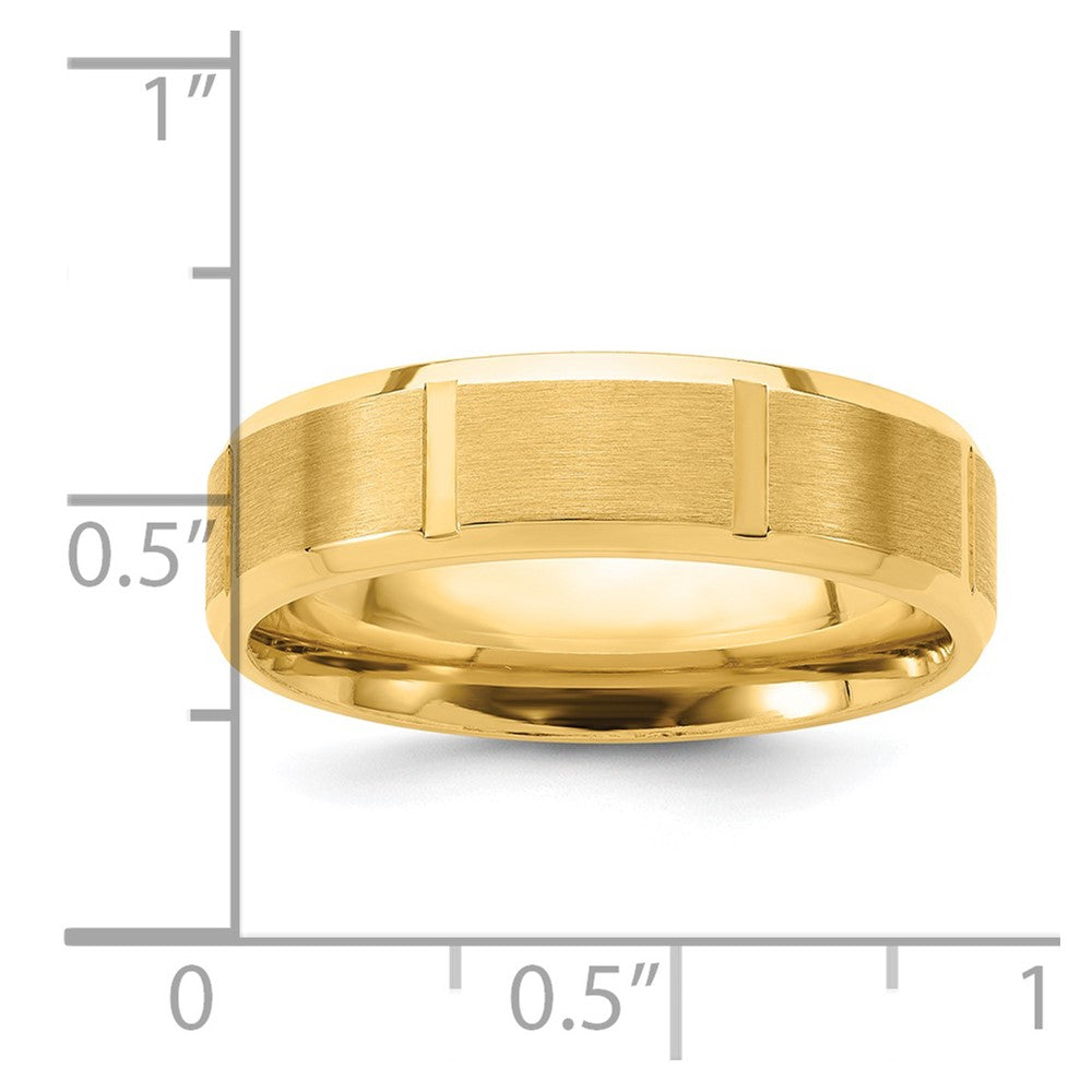 14k Yellow Gold 6mm Heavyweight Comfort Fit Brushed/Polished Beveled Edge with Vertical Lines Wedding Band Size 8