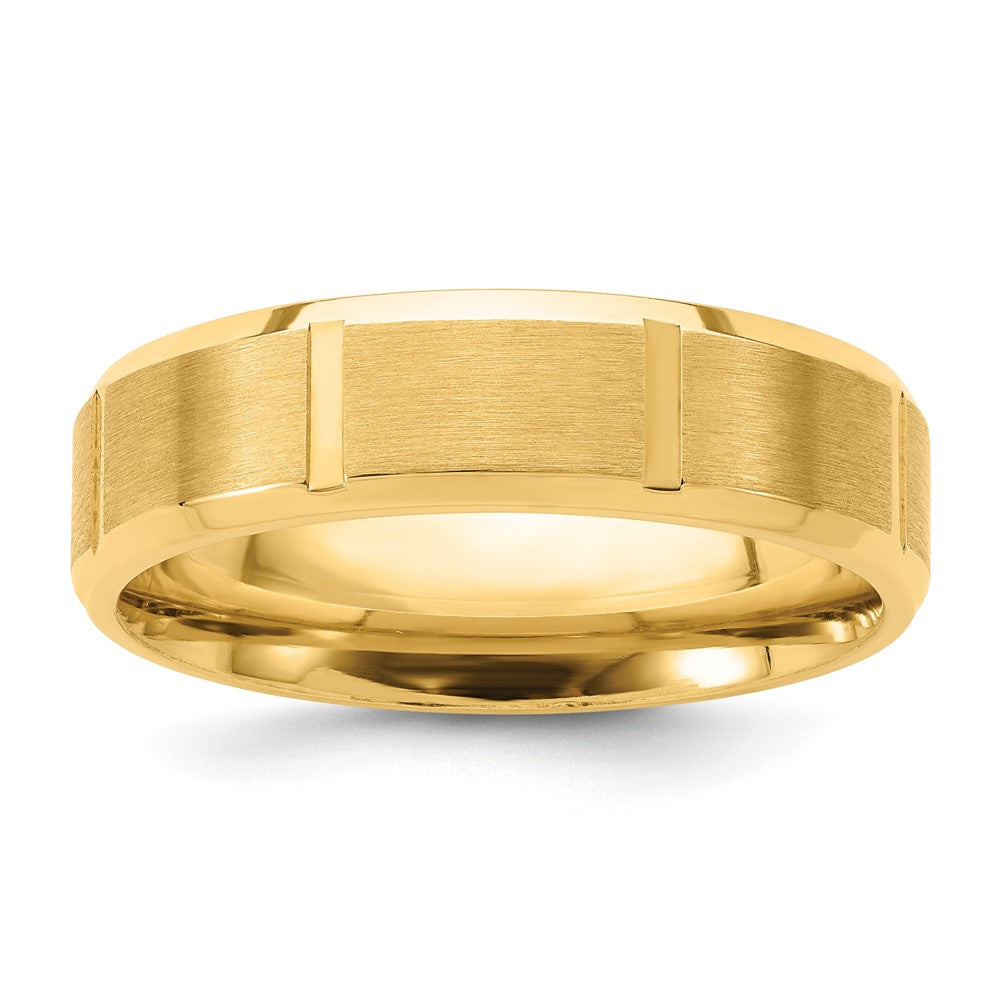 14k Yellow Gold 6mm Lightweight Comfort Fit Brushed/Polished Beveled Edge with Vertical Lines Wedding Band Size 12