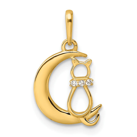 14k CZ Cat and Moon Pendant