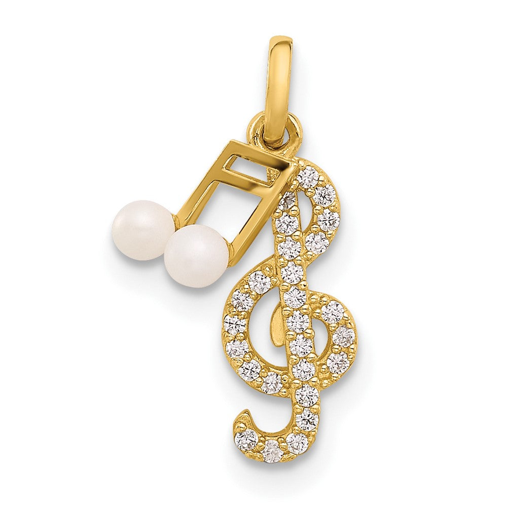 14K Polished CZ and Freshwater Cultured Pearl Music Notes Pendant