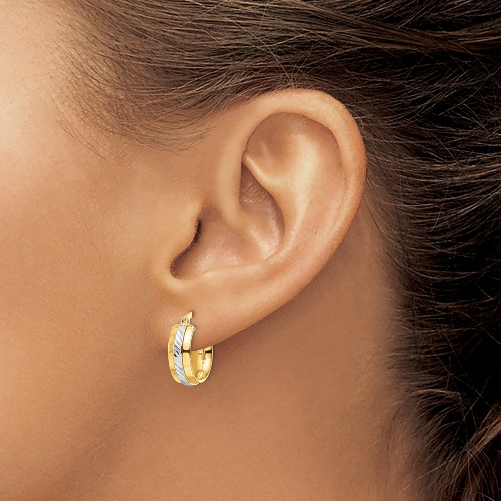 14k w/ White Rhodium Diamond-cut Hoop Earrings