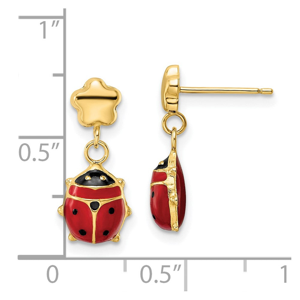 14k Polished Enameled Flower with Ladybug Post Dangle Earrings