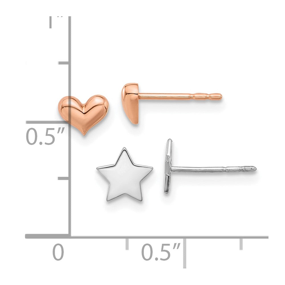 14K White Gold Star and Rose Gold Heart Post Earring Set