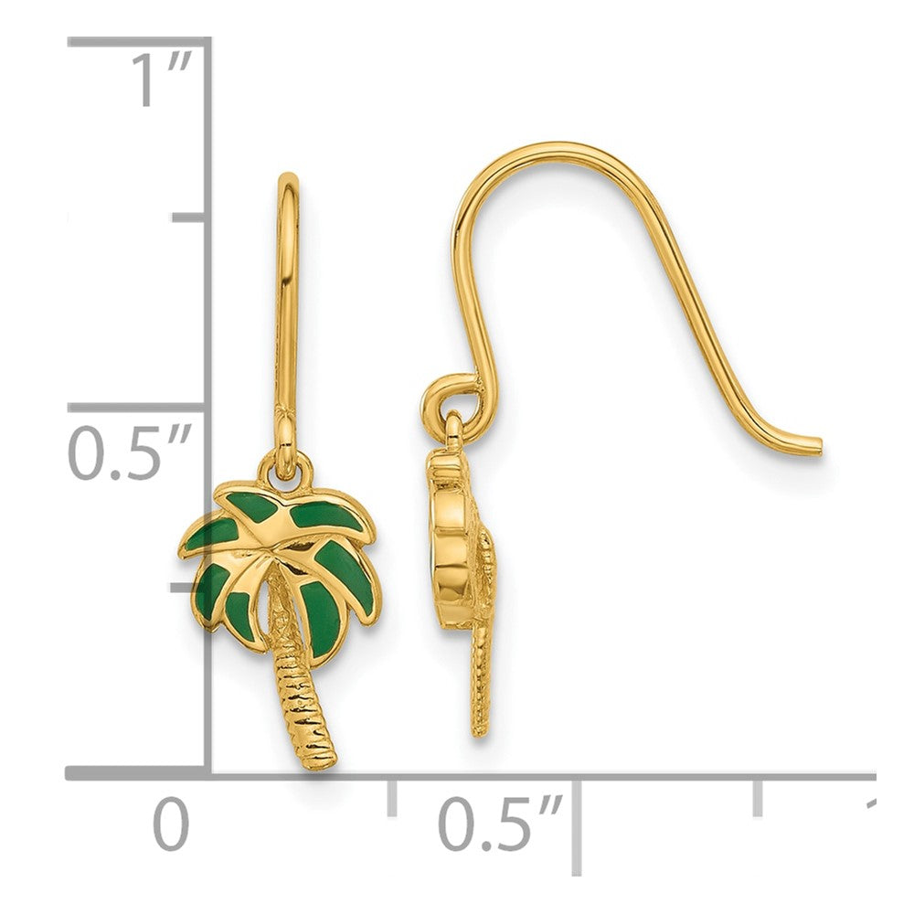 14k Polished Green Enameled Palm Tree Shepherd Hook Dangle Earrings