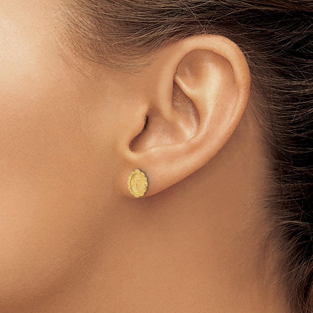 14K Diamond Cut Virgin Mary Medal Post Earrings